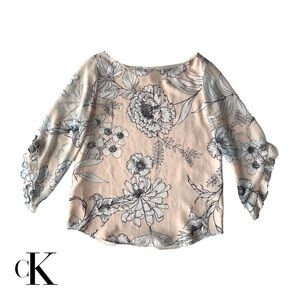 NWOT CALVIN KLEIN PINK & WHITE FLORAL CHIFFON BLOUSE RUFFLE FLARE 3/4 SLEEVES XS